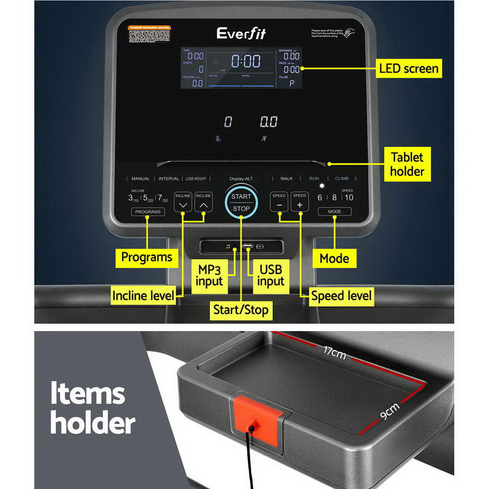 Black Everfit electric incline treadmill for home gym, featuring a digital display and sturdy frame for professional fitness workouts.