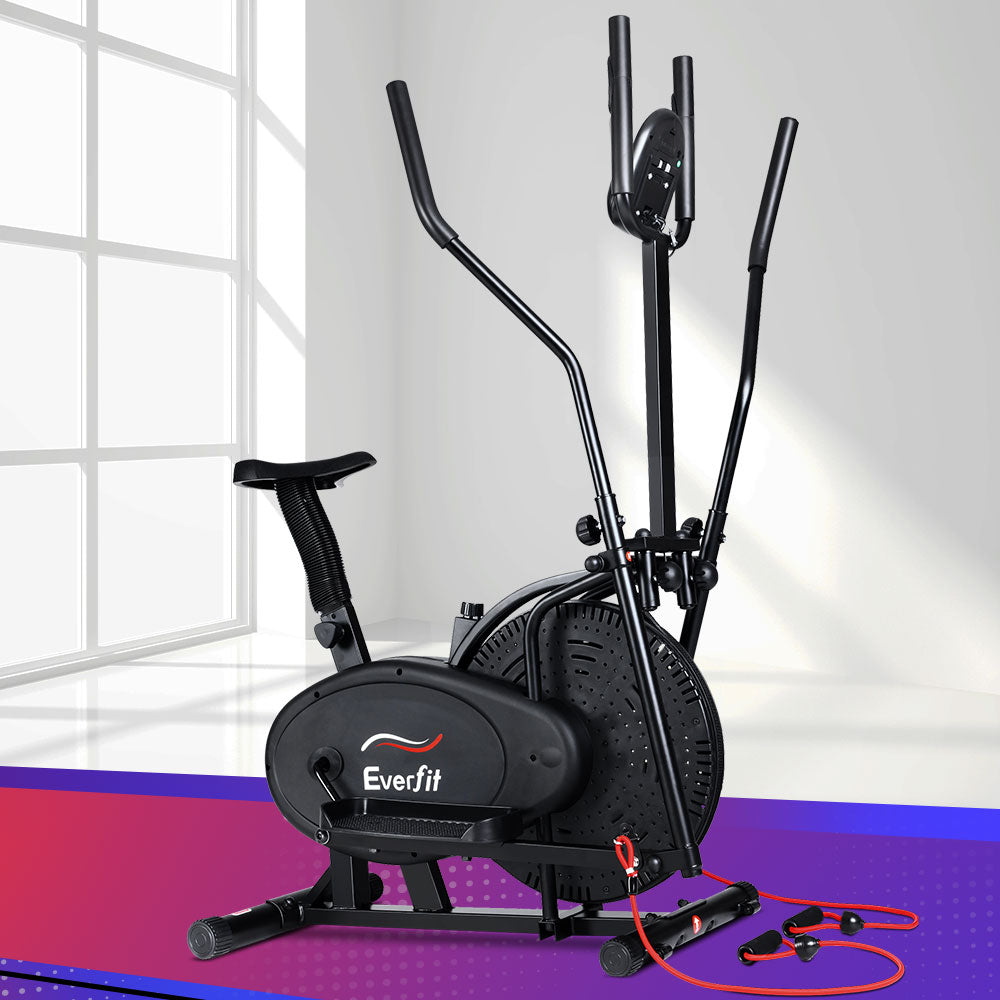 Black Everfit 5-in-1 exercise bike and elliptical cross trainer for indoor cardio workouts, suitable for home gym fitness.