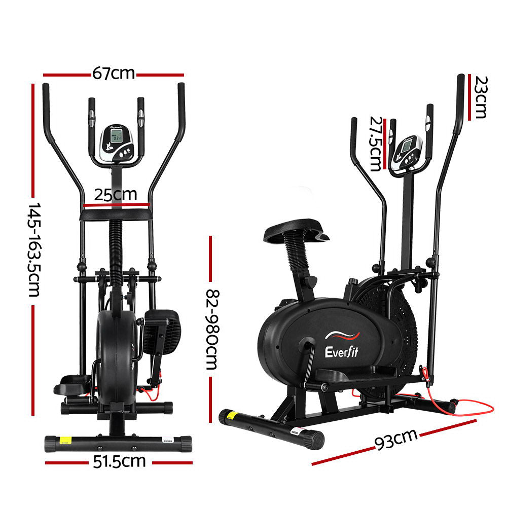 Black Everfit 5-in-1 exercise bike and elliptical cross trainer for home gym cardio workouts, featuring adjustable handles and display.