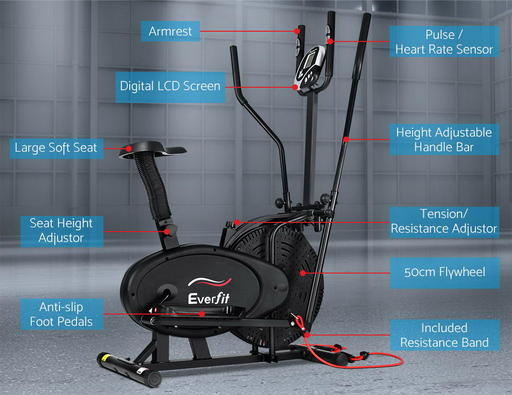 Everfit 5-in-1 exercise bike and elliptical cross trainer for home gym, black with digital display and adjustable seat