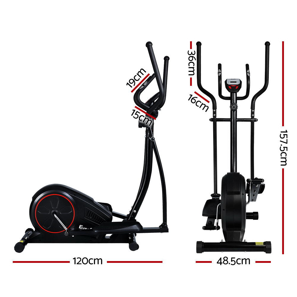 Black Everfit exercise bike and elliptical cross trainer with LCD display for home gym workouts, by Online Fitness Depot.