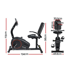 Black magnetic recumbent exercise bike by Online Fitness Depot with 8 adjustable resistance levels for indoor cardio workouts.