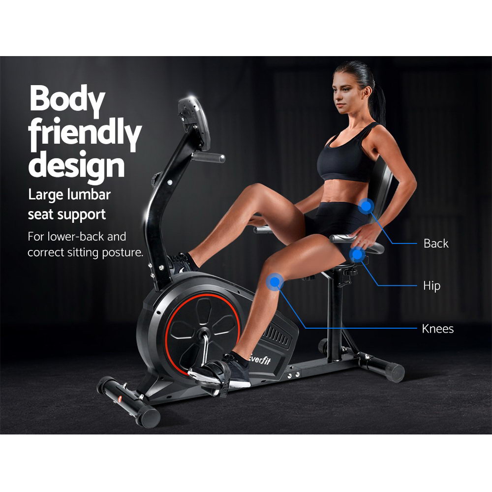 Black magnetic recumbent exercise bike by Online Fitness Depot with adjustable resistance levels for indoor cardio workouts.