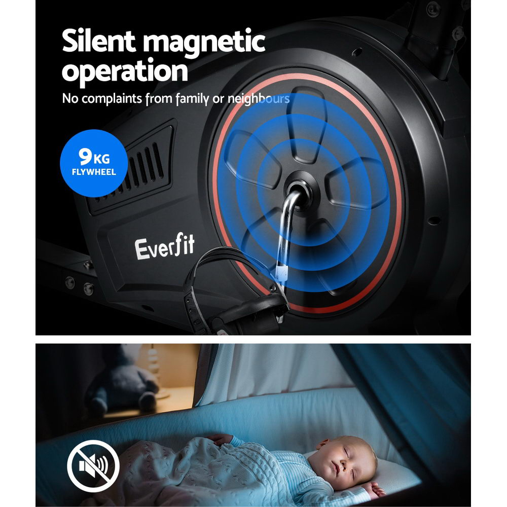 Black Everfit magnetic recumbent exercise bike with digital display and adjustable resistance levels for indoor cardio workouts