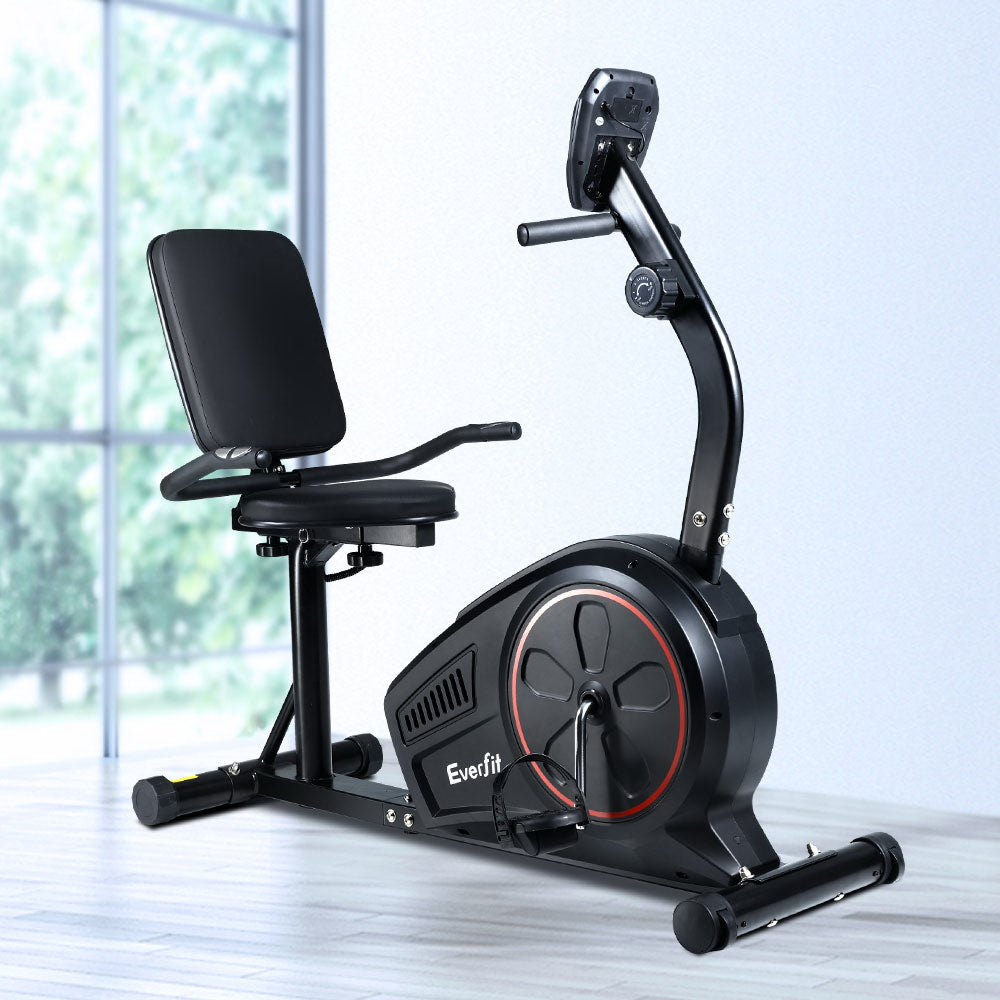 Black Everfit magnetic recumbent exercise bike with adjustable resistance and digital display for home gym cardio workouts.