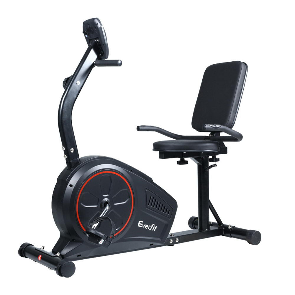 Black magnetic recumbent exercise bike from Online Fitness Depot with adjustable resistance levels for indoor cardio workouts.