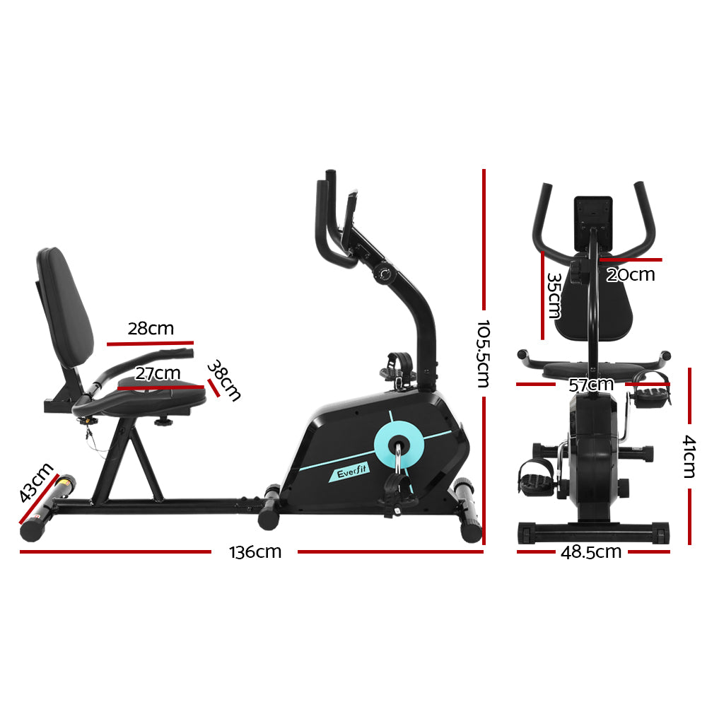Black Everfit magnetic recumbent exercise bike with digital display and adjustable seat for indoor cardio workouts.