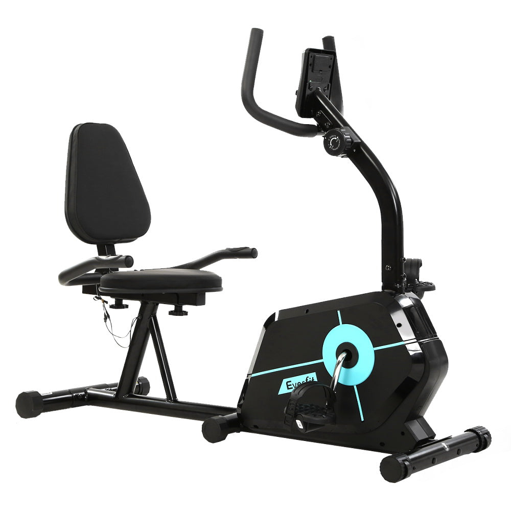 Black Everfit magnetic recumbent exercise bike with digital display and adjustable seat, designed for indoor home cardio workouts.