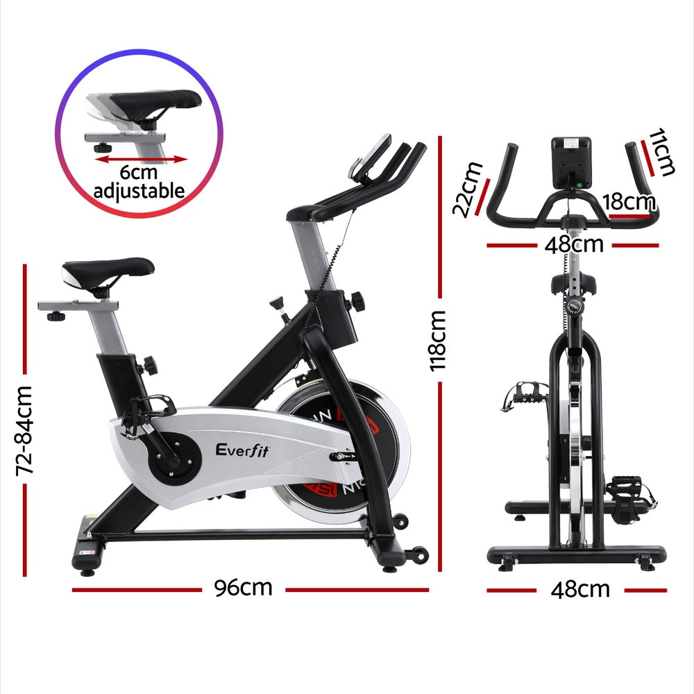 Everfit 15kg flywheel spin bike with adjustable seat, digital display, and sturdy build for home gym cardio workouts.