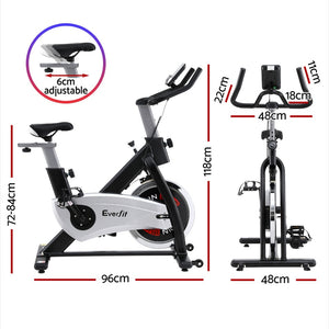 Everfit 15kg flywheel spin bike with adjustable seat, digital display, and sturdy build for home gym cardio workouts.