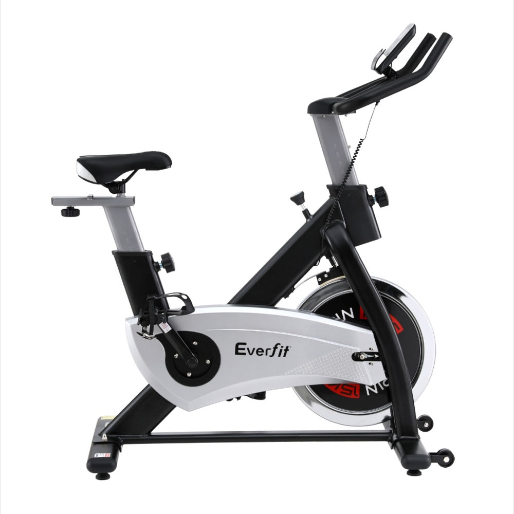 Everfit 15kg flywheel spin bike with 120kg capacity, black exercise bike for home gym fitness, shown from side view.