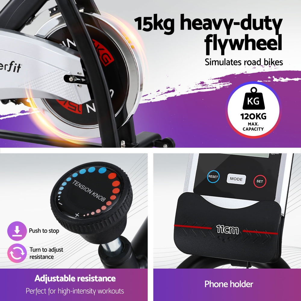 Online Fitness Depot 15kg flywheel spin bike for home gym, featuring a sturdy build and 120kg capacity for effective indoor exercise