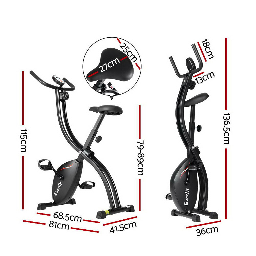 Black Everfit folding exercise bike with magnetic resistance, compact indoor cycling bike for cardio workouts.