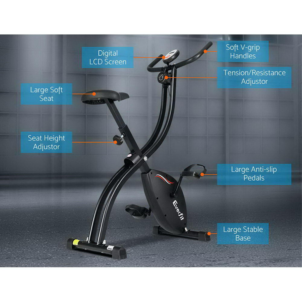 Black Everfit folding exercise bike with magnetic resistance, indoor cycling design, adjustable seat, and digital display for cardio workouts.