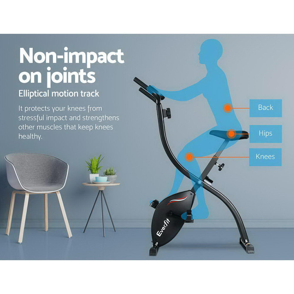 Black Everfit folding exercise bike with magnetic resistance, compact indoor cycling bike for cardio workouts, shown from side view.