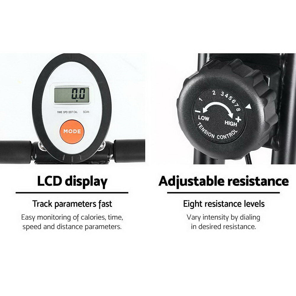 Black Everfit folding exercise bike with magnetic resistance, indoor cycling design, adjustable seat, and digital display.