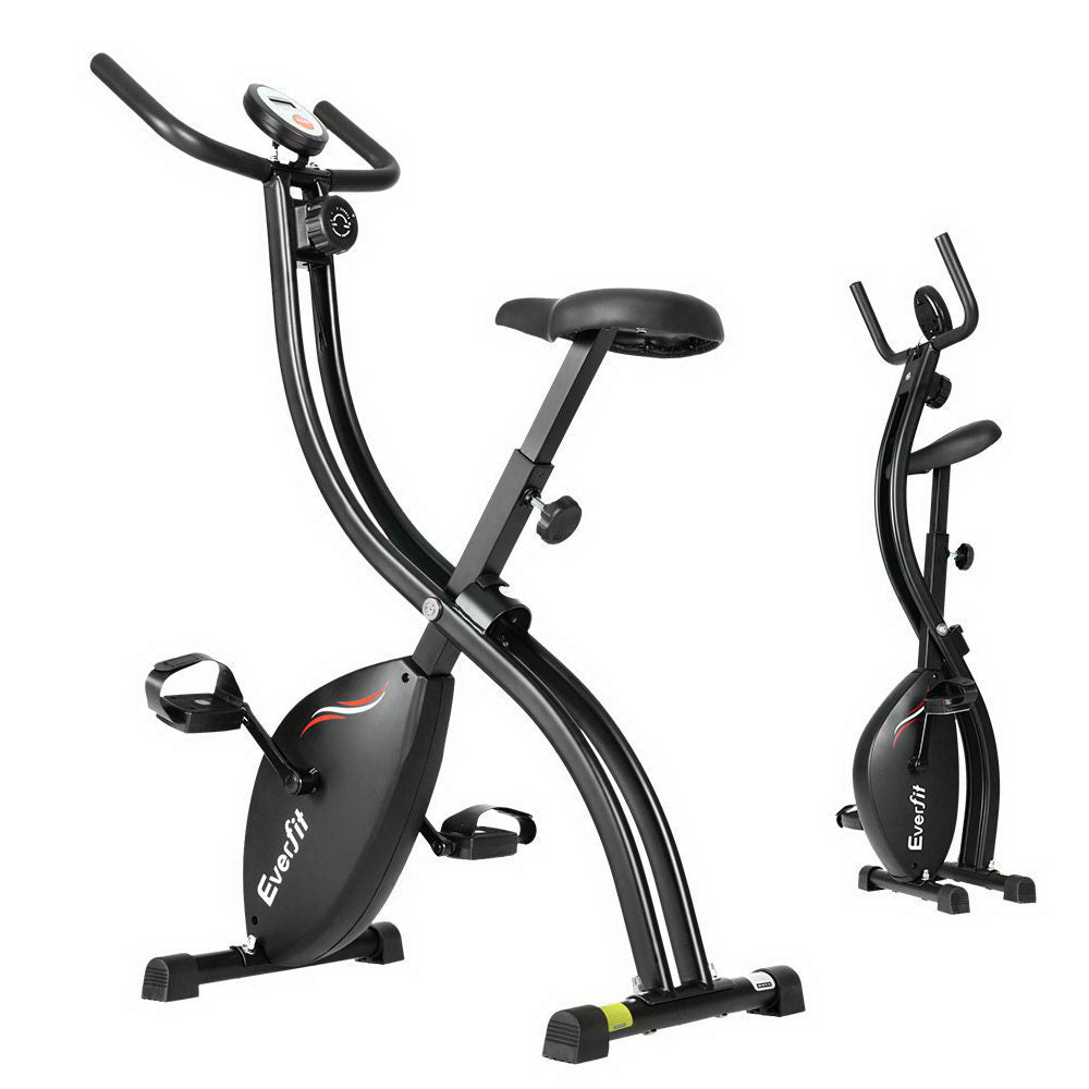 Black Everfit folding exercise bike with magnetic resistance, compact indoor cycling bike for cardio workouts.
