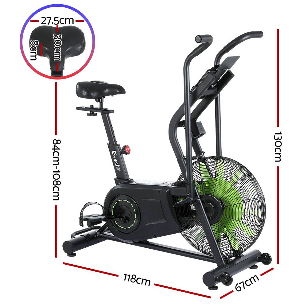 Black Everfit Air Bike with dual action handlebars and digital display for cardio workout in a home gym setting.