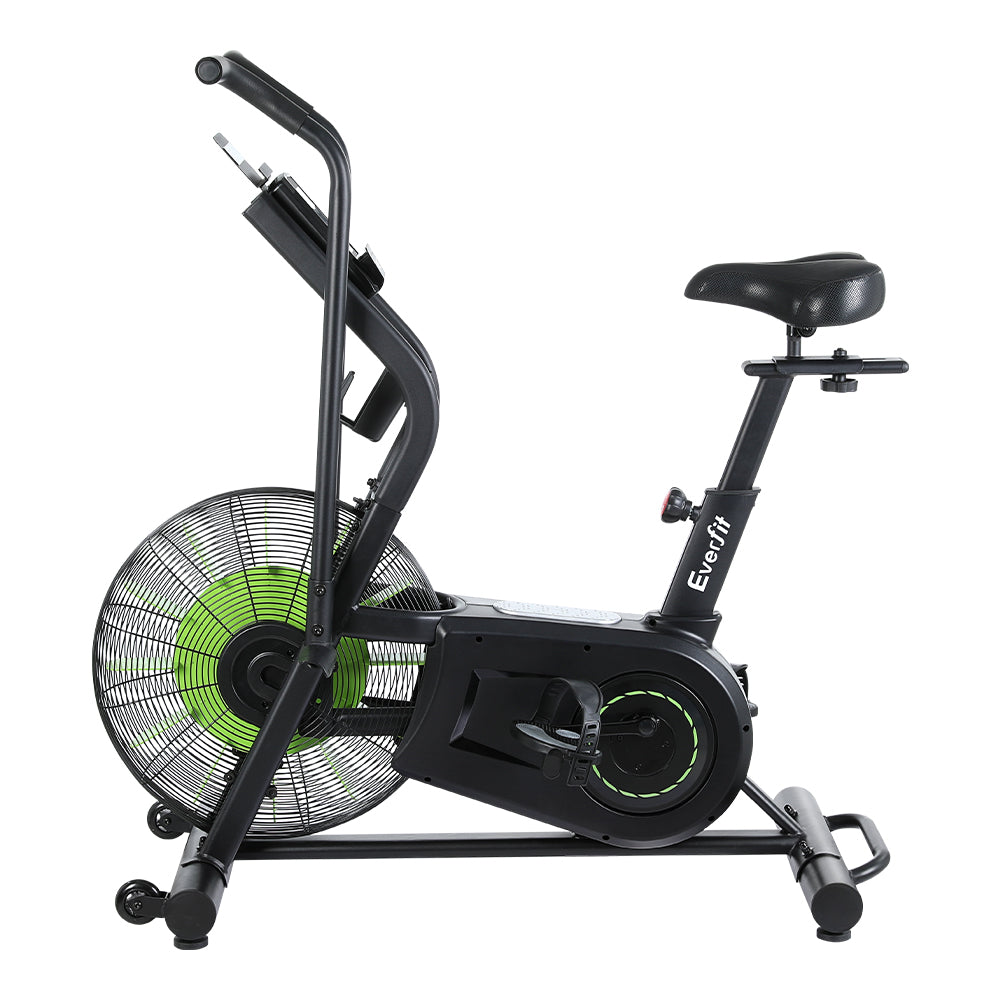 Black Everfit air bike with dual action handles and digital display, designed for cardio workouts at home gym.
