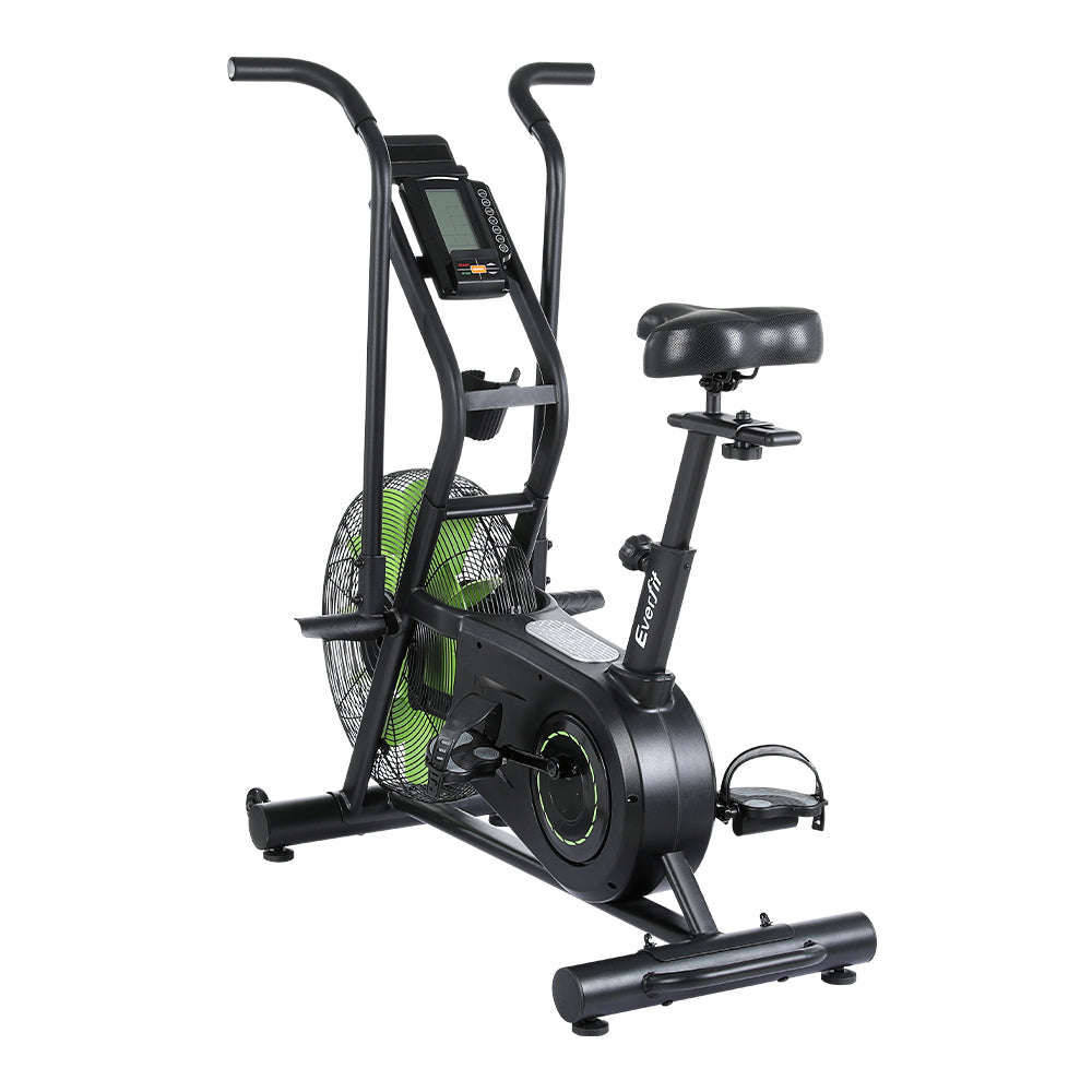 Black Everfit Air Bike by Online Fitness Depot with dual-action handles for cardio and full-body workout at home.