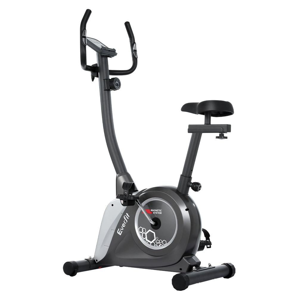Everfit magnetic upright exercise bike with digital monitor, black and green design for home gym cardio workouts.