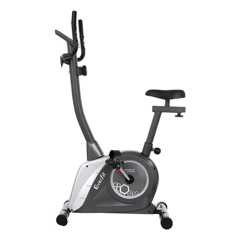 Everfit magnetic upright exercise bike with digital display and adjustable seat for home gym cardio workouts.