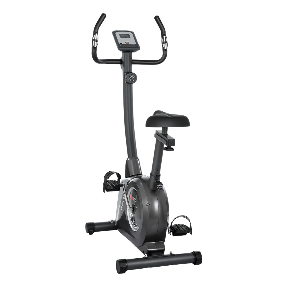 Everfit magnetic upright exercise bike with digital display and adjustable seat for home gym cardio workouts.
