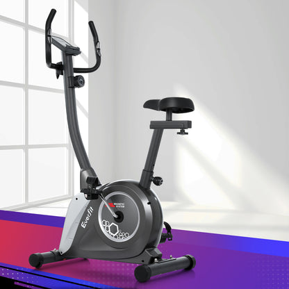 Everfit magnetic upright exercise bike with digital display, adjustable seat, green frame for home gym cardio workouts.