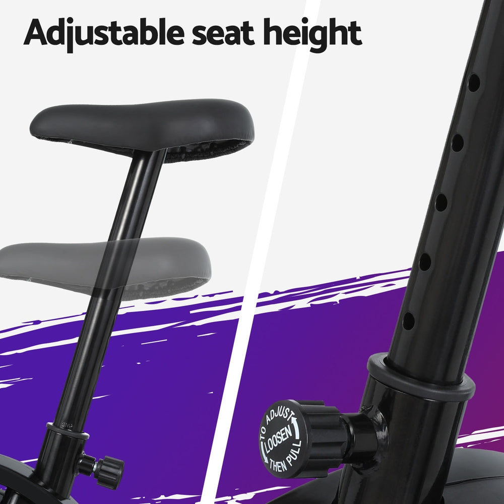 Everfit magnetic upright exercise bike with adjustable seat and digital display, suitable for home gym cardio workouts.