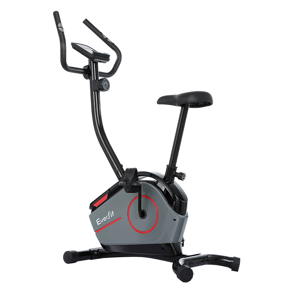 Black Everfit magnetic upright exercise bike with adjustable resistance levels, digital display, and padded seat for home gym cardio workouts.