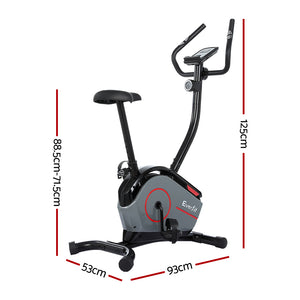 Black Everfit magnetic upright exercise bike with adjustable levels, digital display, and sturdy frame for home gym cardio workouts.
