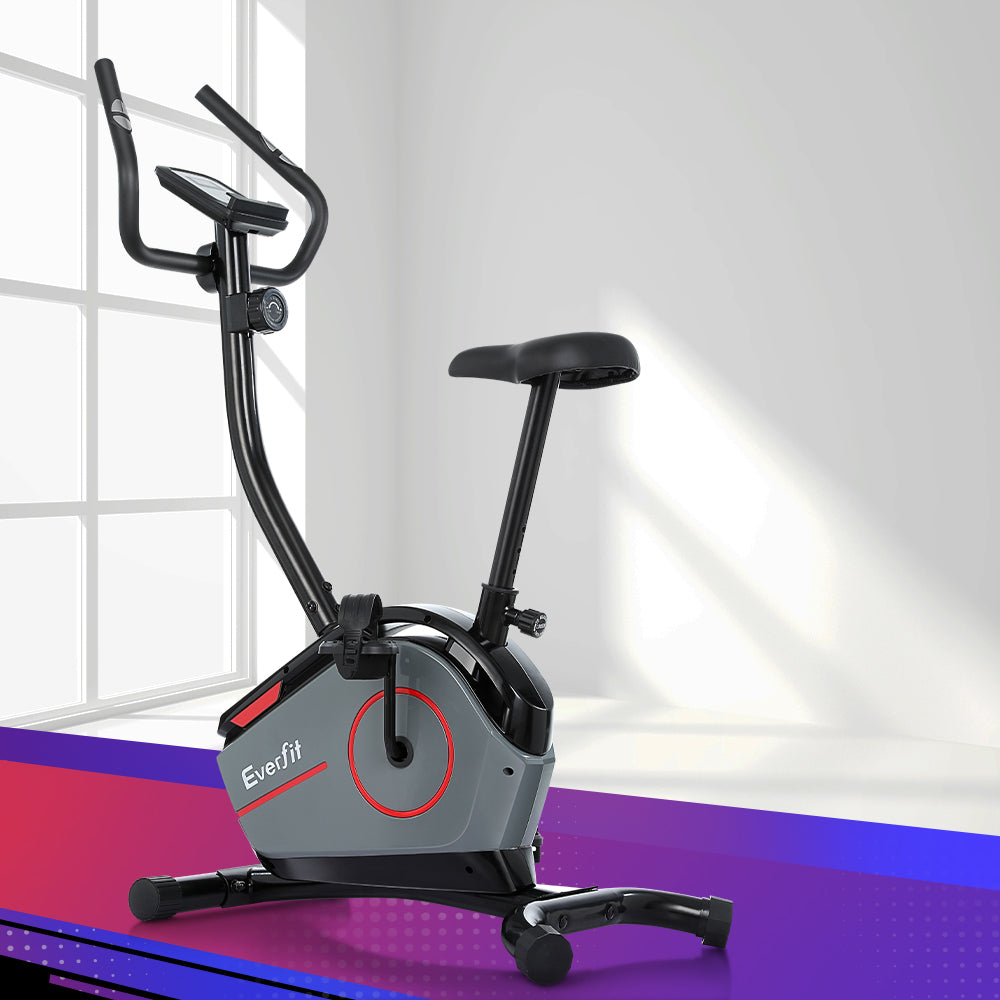 Everfit magnetic exercise bike with black frame, upright design, digital display, and adjustable resistance for home cardio workouts.