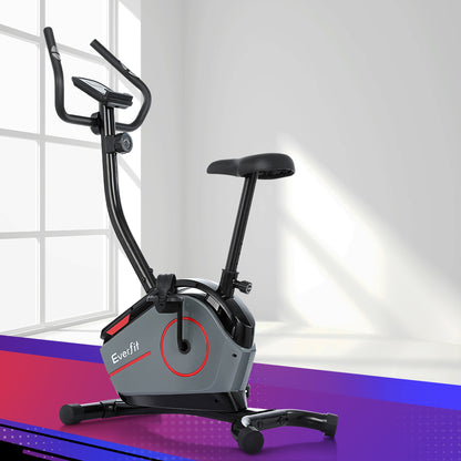 Everfit magnetic exercise bike with black frame, upright design, digital display, and adjustable resistance for home cardio workouts.