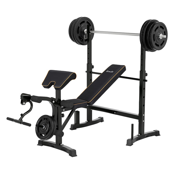 Everfit 10-in-1 weight bench for home gym, featuring adjustable backrest and 330kg capacity, ideal for versatile strength training.