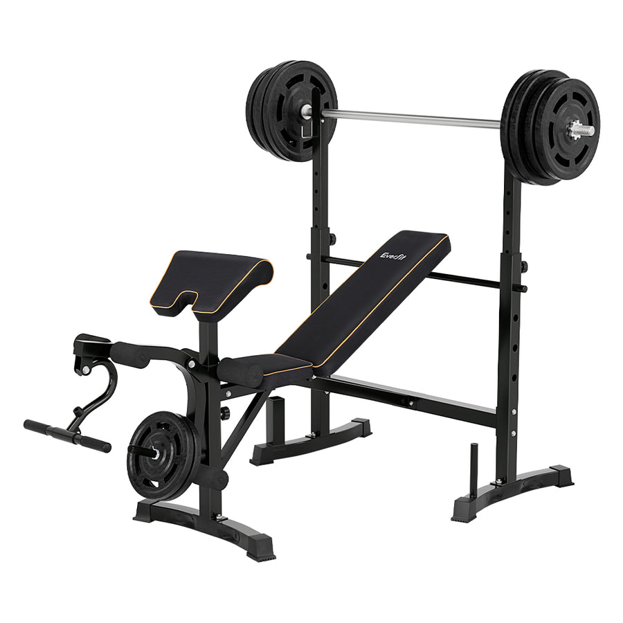 Everfit 10-in-1 weight bench for home gym, featuring adjustable backrest and 330kg capacity, ideal for versatile strength training.