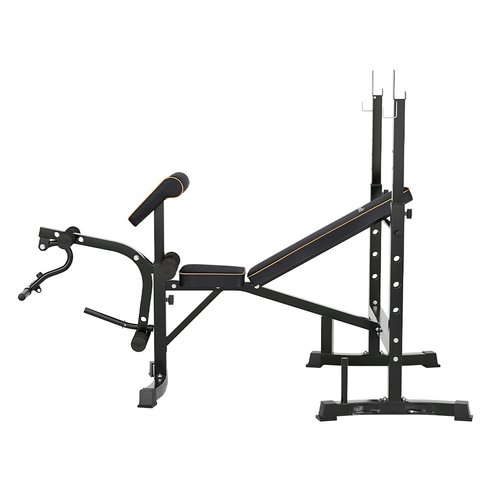 Black Everfit 10-in-1 weight bench with adjustable backrest and leg support, suitable for home gym workouts and weightlifting.