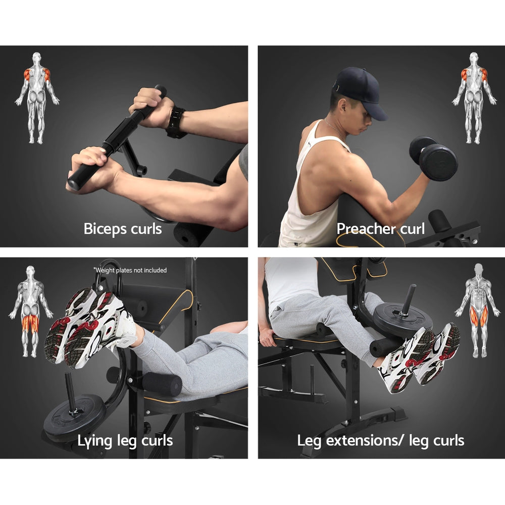 Black Everfit 10-in-1 weight bench with adjustable features for home gym, part of Online Fitness Depot's exercise equipment.