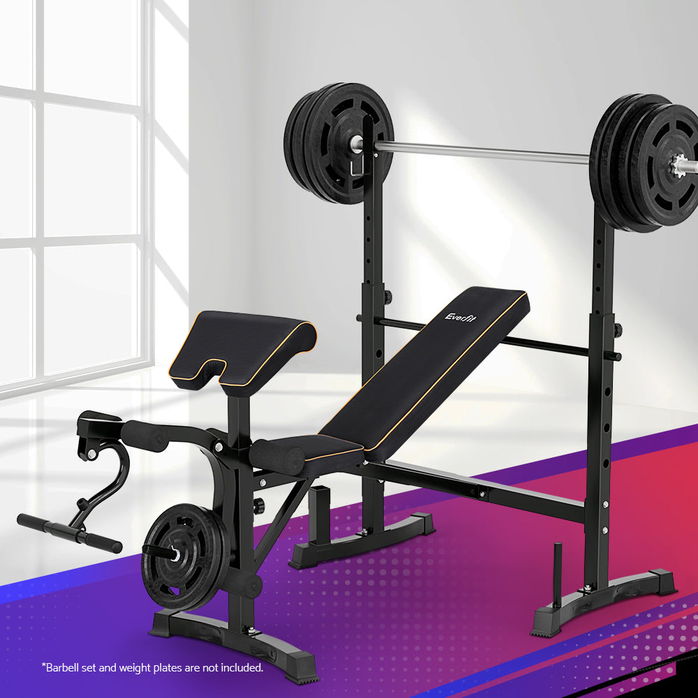 Black Everfit 10-in-1 weight bench for home gym, featuring adjustable positions and sturdy construction for versatile strength training.