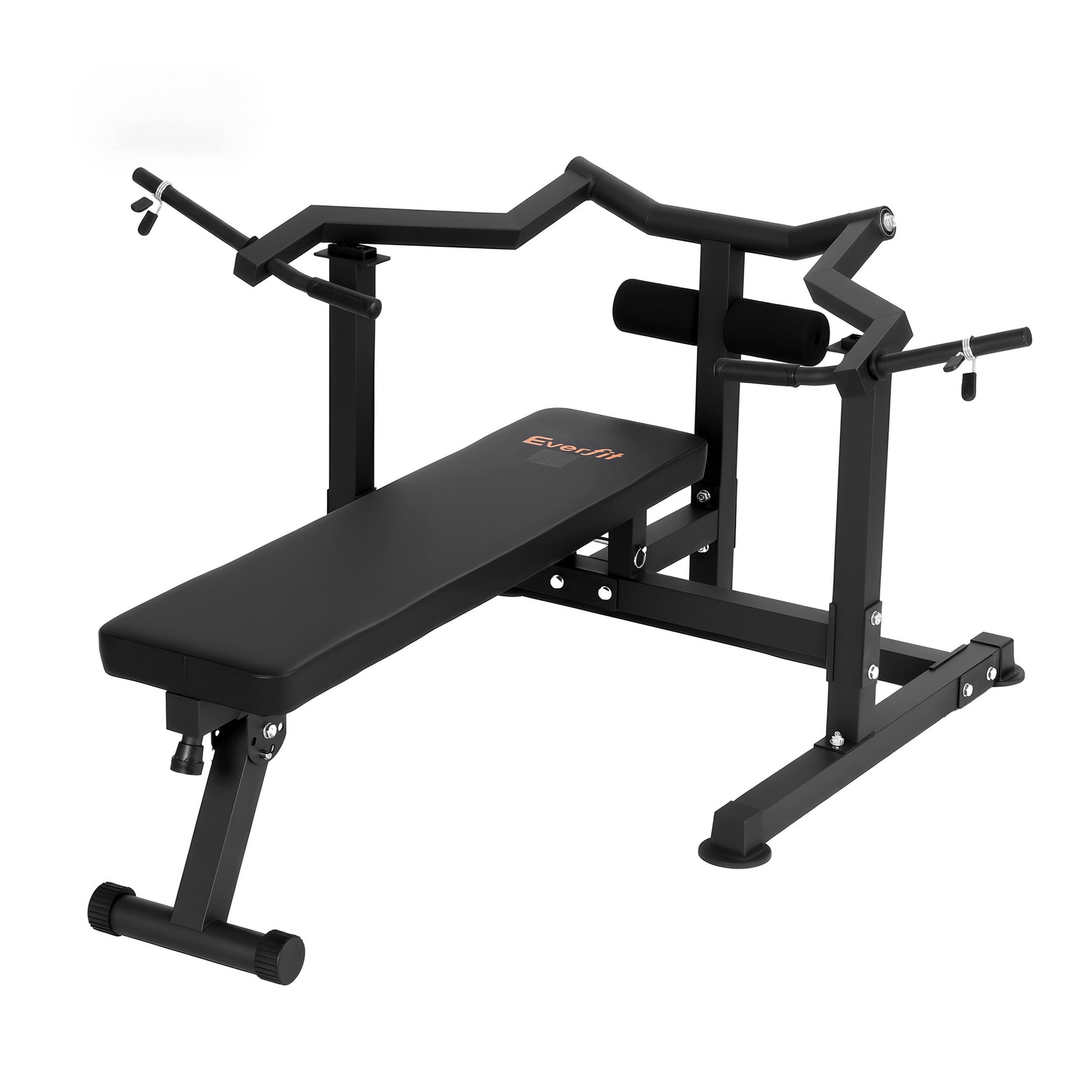 Black Everfit chest press machine with folding design and independent arms, ideal for home gym fitness workouts.