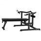 Black Everfit chest press machine with folding workout bench and independent arms for home gym exercise, showing adjustable features.
