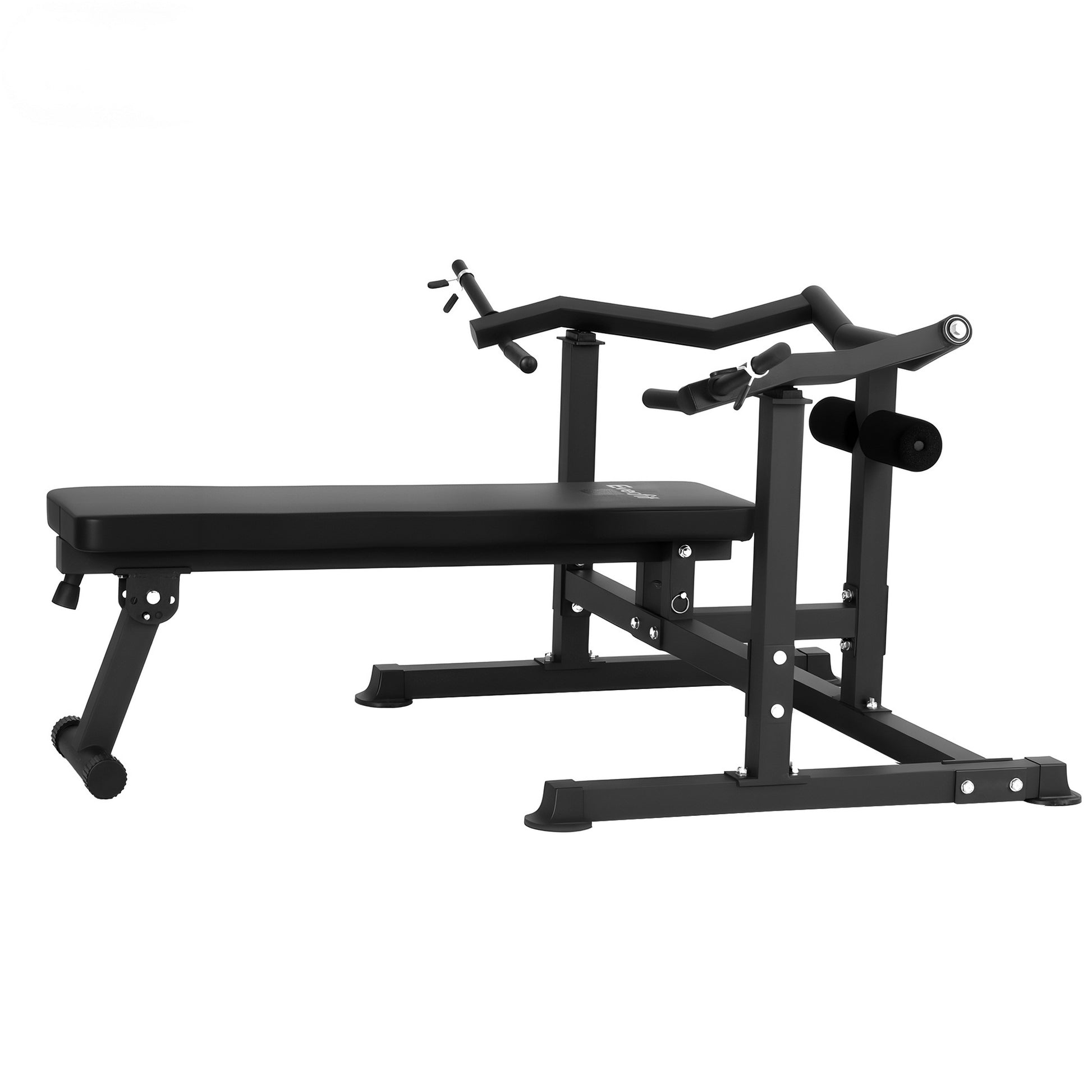 Black Everfit chest press machine with folding workout bench and independent arms for home gym exercise, showing adjustable features.