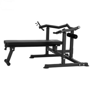 Black Everfit chest press machine with folding workout bench and independent arms for home gym exercise, showing adjustable features.
