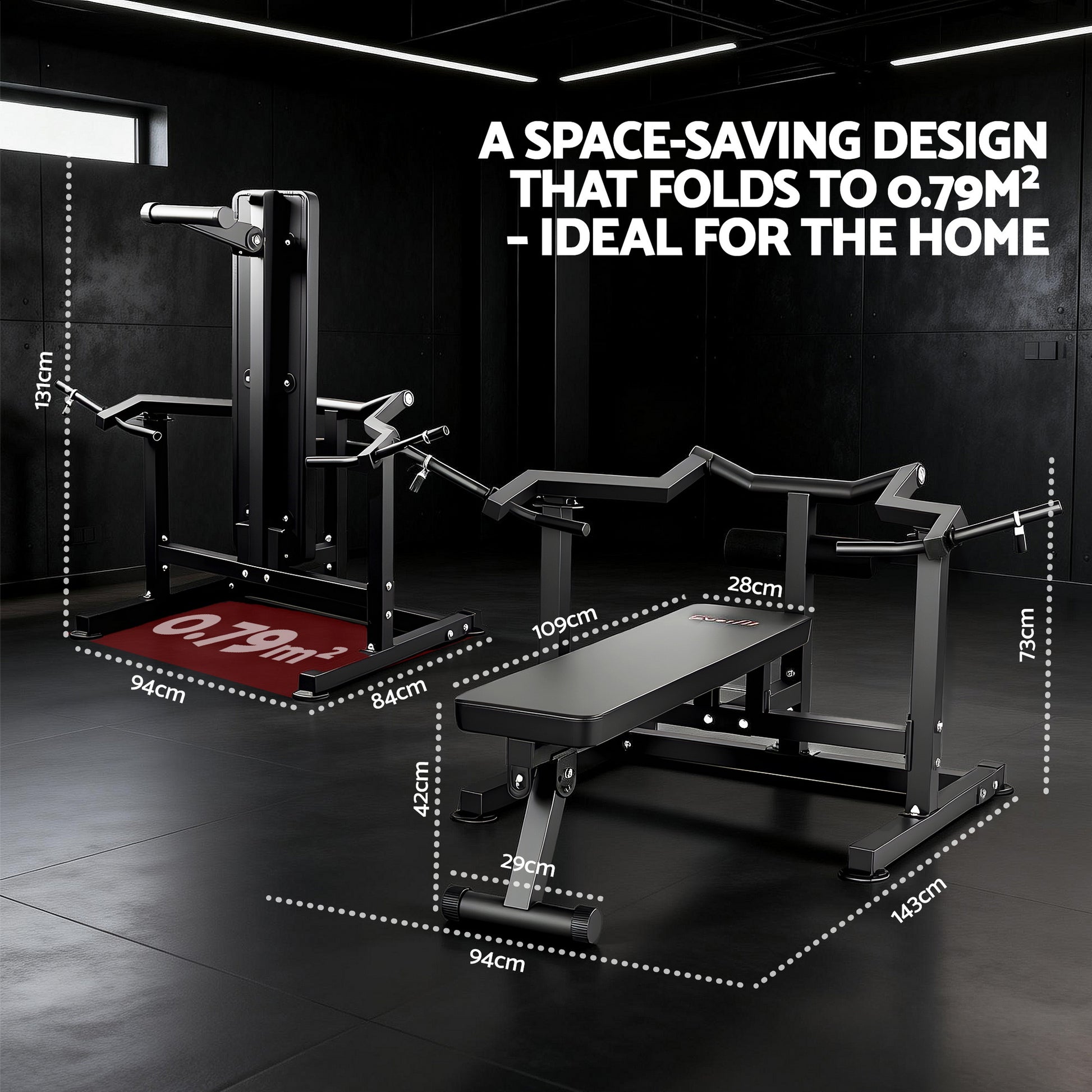 Black Everfit Chest Press Machine with folding design and independent arms for home gym workouts, by Online Fitness Depot.