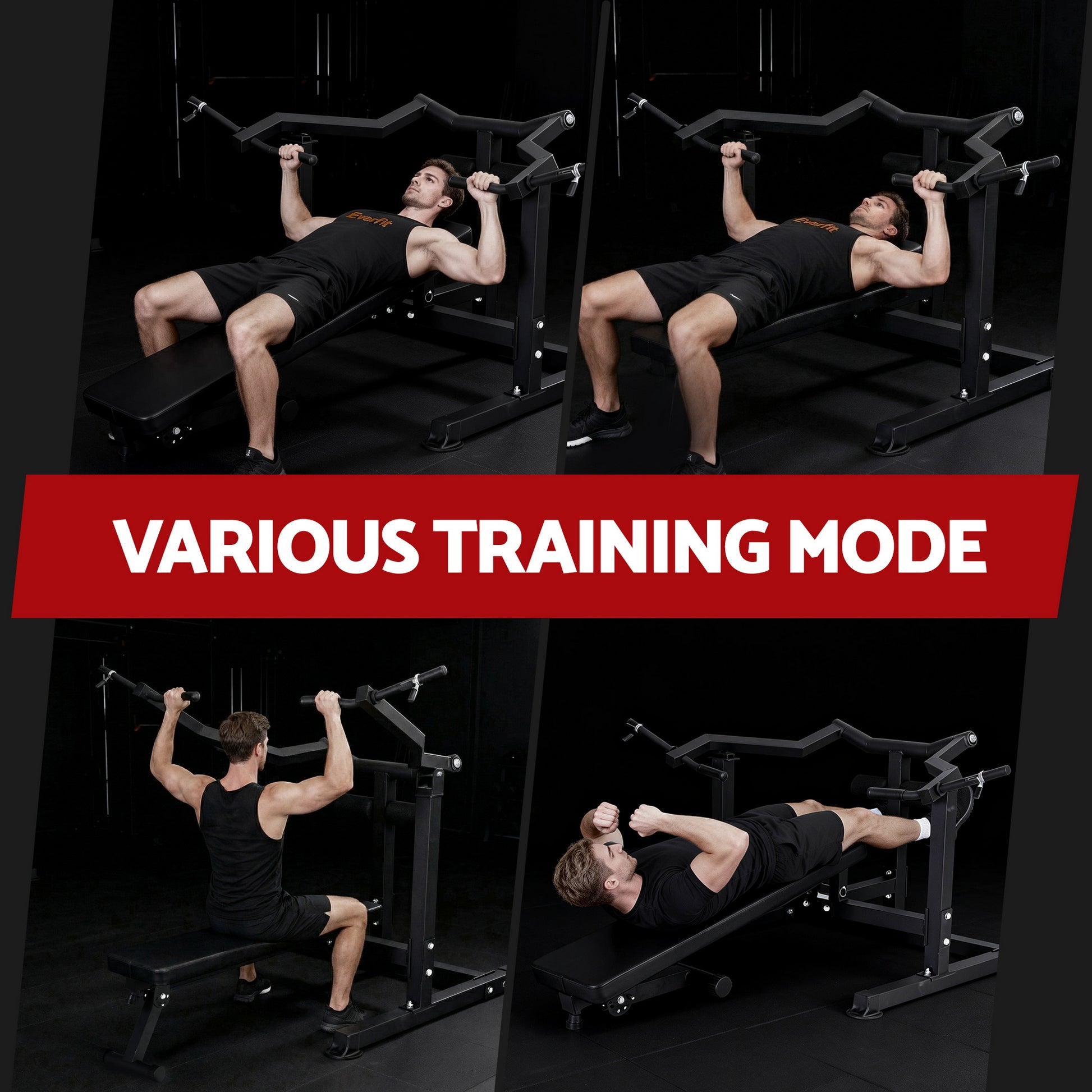 Black Everfit chest press machine with folding design, independent arms, for home gym workouts, part of fitness equipment by Online Fitness Depot.