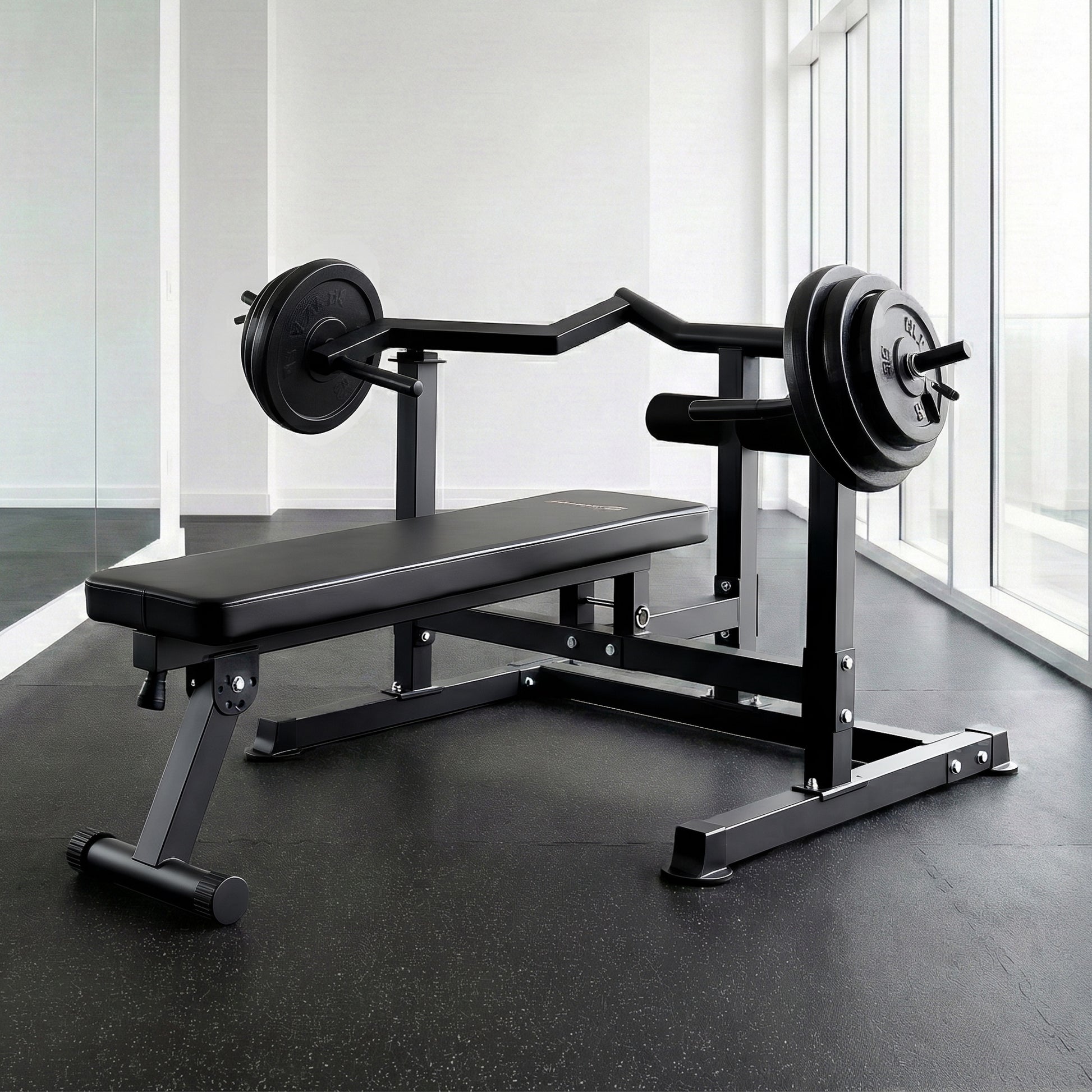 Everfit chest press machine with black folding workout bench and independent arms for home gym exercise, fitness, and strength training.