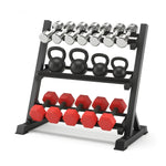 Black Everfit 3-tier dumbbell rack with heavy-duty steel construction, ideal for home gym weight storage, supports up to 300kg.