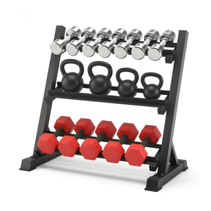 Black Everfit 3-tier dumbbell rack with heavy-duty steel construction, ideal for home gym weight storage, supports up to 300kg.