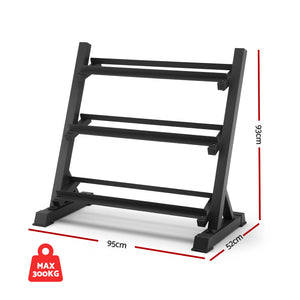 Black Everfit 3-tier dumbbell rack for home gym, heavy-duty weight storage, holds up to 300kg, sturdy fitness equipment organizer