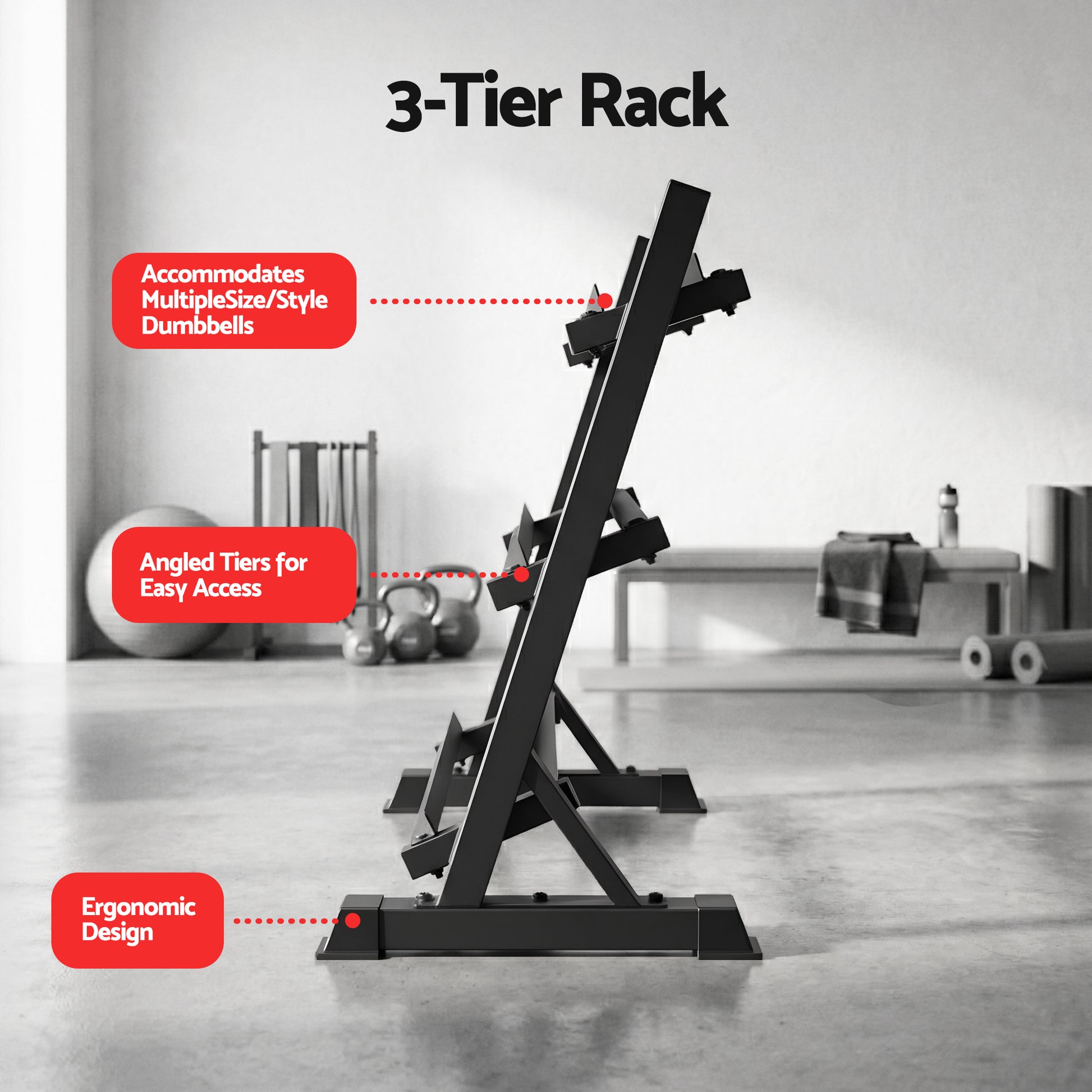 Three-tier black Everfit dumbbell rack from Online Fitness Depot, heavy-duty weight storage for home gyms, supports up to 300kg.