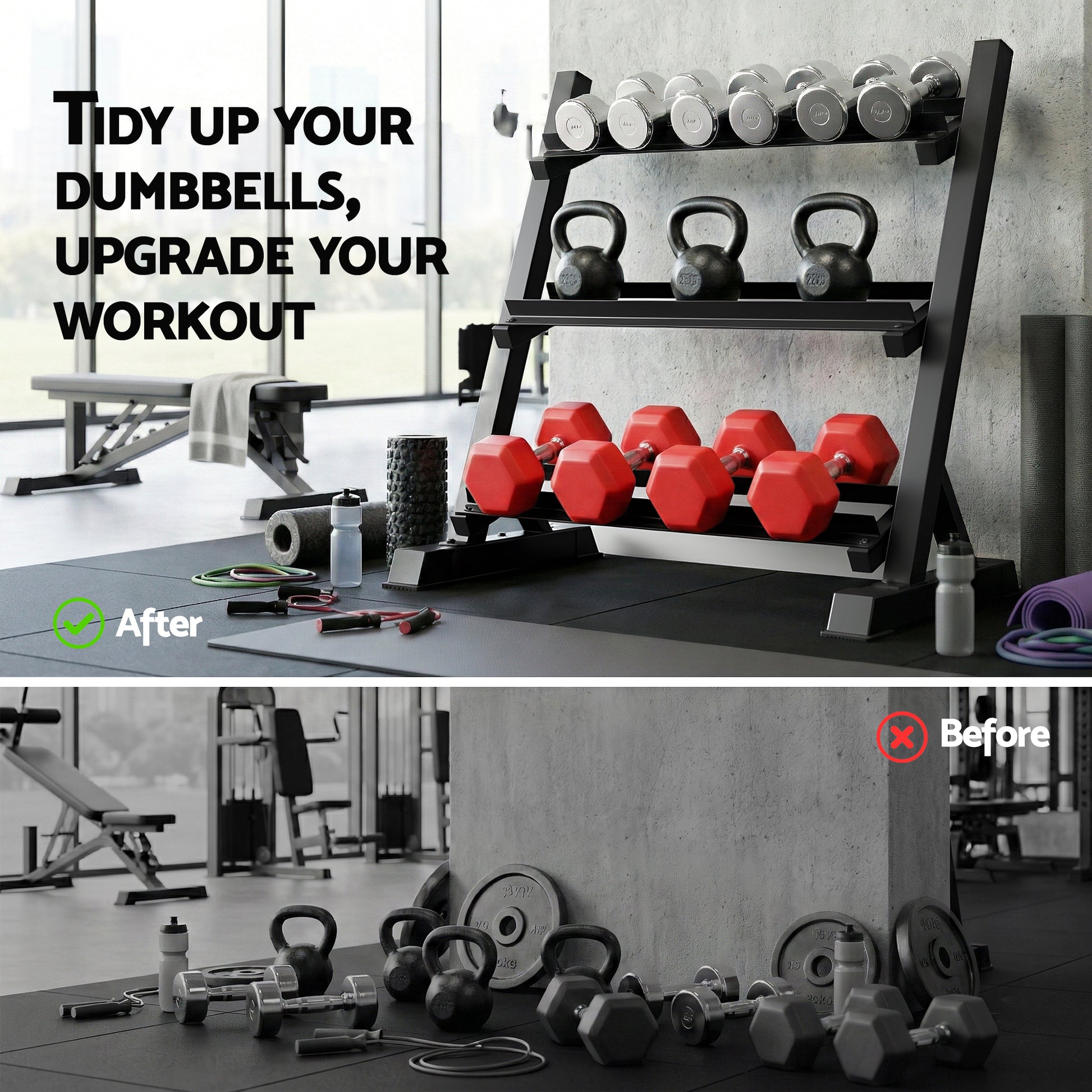 Black Everfit 3-tier dumbbell rack by Online Fitness Depot, heavy-duty weight storage for home gym, holds up to 300kg.
